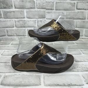 Fitflop Women's Size 9 Electra Bronze Sequin Flip Flop Thong Wedge Sandal